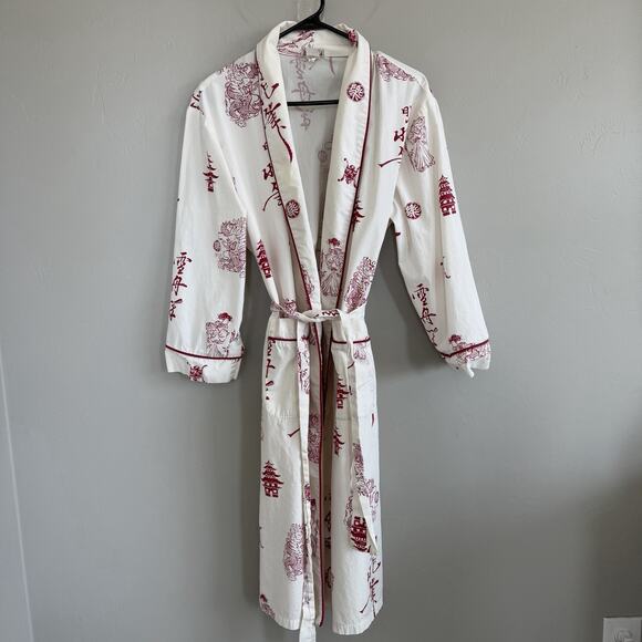 BedHead Egyptian Cotton Kimono Robe S/M White Red Japanese Print Geishas Dragons - Picture 1 of 10
